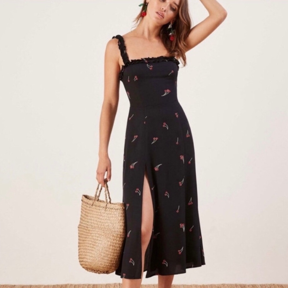 Reformation Black Midi Dress with Red Cherry Print